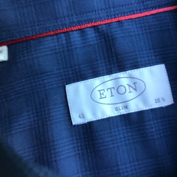ETON slim dark blue checkered shirt Sz 16.5 made in Europe - Picture 9 of 9